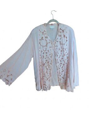 Vtg Bali Emerald Womens Floral Cutwork Embroidered Pink Open Front Cardigan 3X